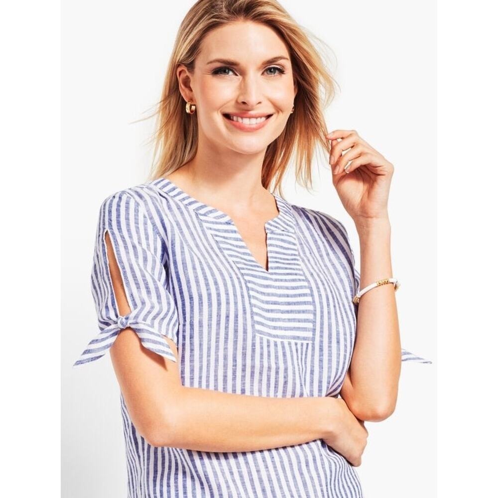 Talbots Blue White Striped 100% Linen Split Neck Tie Sleeve Tunic Top XS